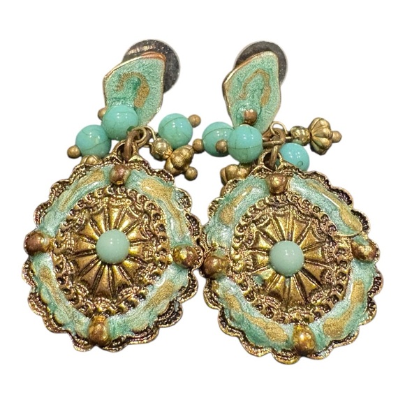 Jewelry - Vintage Gold Tone Turquoise Beaded Medallion Drop Earrings Boho Chic J19